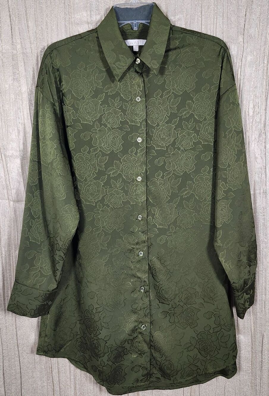 WAYF Dark Moss Green Damask Rose Floral Tunic Mini Shirt Dress Victorian Goth XS